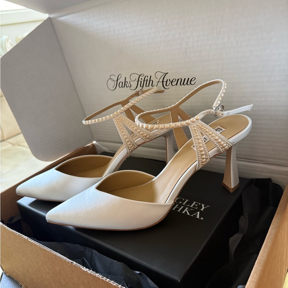 Badgley Mischka Ivory Pearl-Strap Pointed Slingback Heels